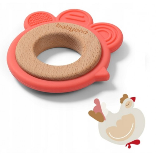 Drevené, silikónové hryzátko BabyOno - Sliepočka, koralové