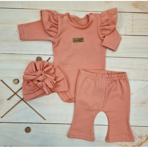 Body s volánikmi, legíny do zvonu a čiapočka, 3D, bavlna, marhuľová, veľ. 86