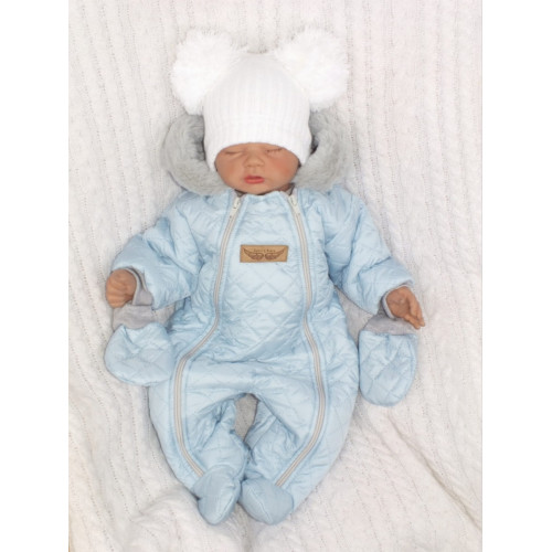 Zimná prešívaná kombinéza s kožušinou a kapucňou + rukavičky Z&Z - modrá