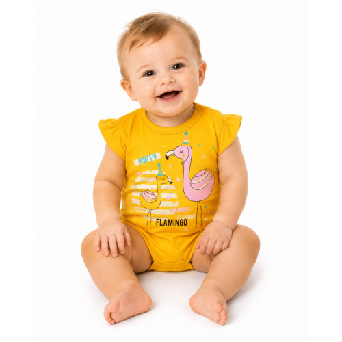 Baby Nellys Bavlnené dojčenské body, kr. rukáv, Flamingo - horčicove, veľ. 68