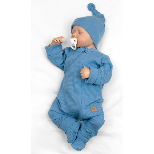Rastúci rebrovaný overálek, čiapočka a topánočky, 3D, Nature - jeans, vel. 86/92
