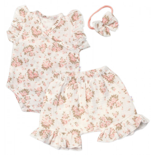 Zavinovacie body, kraťasky + čelenka, mušelín, Pivonky, Baby Nellys, smotanové, veľ. 68