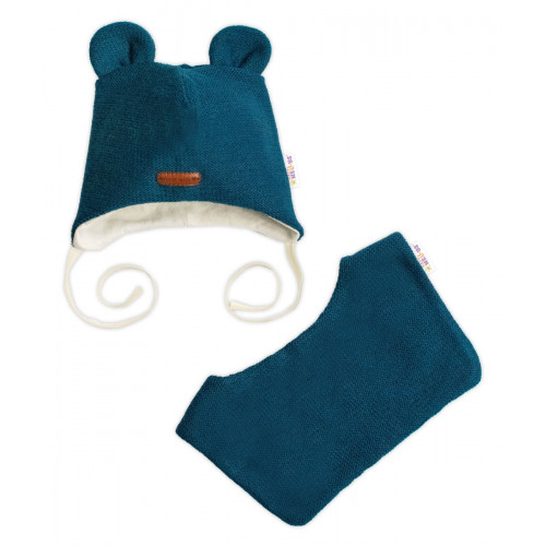 Pletená čiapka s bavlnenou podšívkou a šatkou 2v1, Teddy Hand made - petrolejová, 68/74