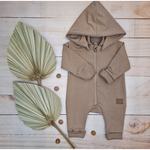 Detský teplákový overal bez šľapiek s odopínateľnou kapucňou, bavlna, mocca, veľ. 74