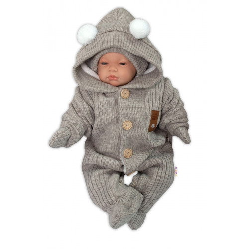 Baby Nellys Pletená kombinéza/overal LUX STAR s kožúškom - dvojvrstvová, béžová, veľ. 62