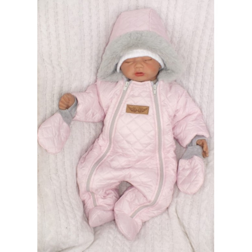 Z&Z Zimná prešívaná kombinéza s kožušinou a kapucňou + rukavičky - sv.ružová, veľ. 62