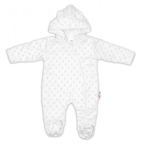 Baby Nellys Kombinézka /overal Minky s kapucňou a uškami - biela, veľ. 80