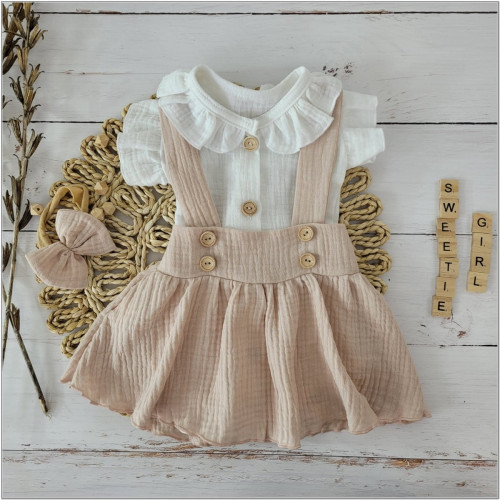 Mušelínová suknička s lacnom, bodýčko a čelenka, 3D sada, biela/béžová, veľ. 86