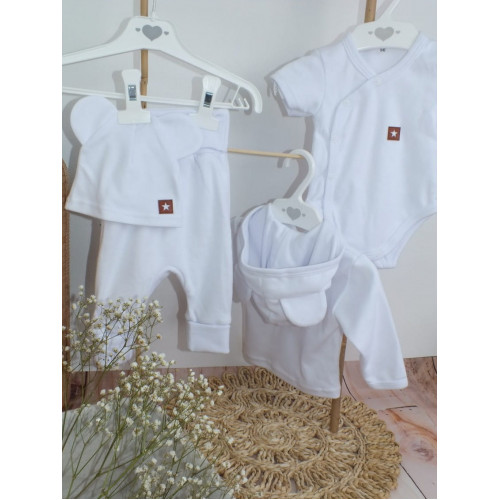 Novorodenecká sada 4D, body kr. rukáv, tepláčiky, kabátik a čiapočka Z&Z, biela, veľ. 62