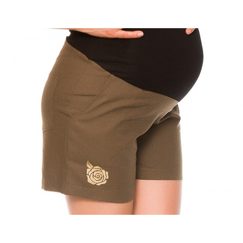 Be MaaMaa Tehotenské lnené kraťasy s růžičkou - khaki, vel´. L
