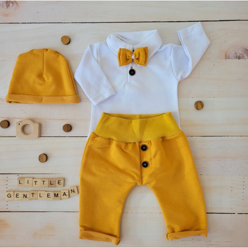 Bavlnená súpravička body, tepláčky, čiapočka a motýlik 4D, Z&Z, biela/horčicová, veľ. 74