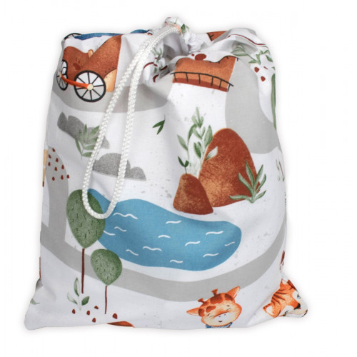 Vrecko na prezuvky 40x32cm, bavlna, ZOO vo vlaku, biela s potlačou