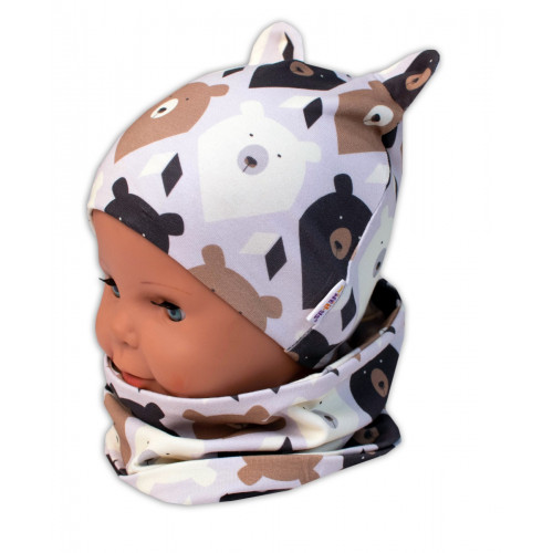 Baby Nellys Dvojvrstvová čiapka s uškami + komínček Medvede, hnedá/smotanová