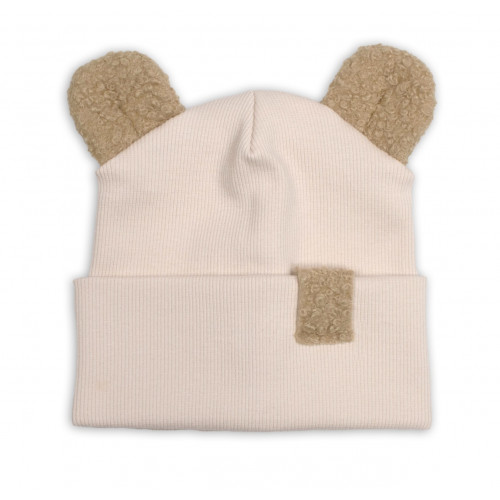 Dvojvrstvová rebrovaná čiapočka s uškami boucle medvedík - béžová