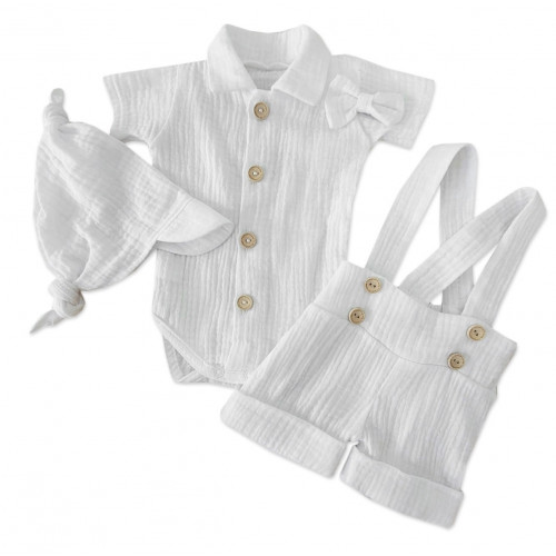 Mušelínové kraťasy s láclom, bodýčko, čiapočka, motýlik 4D sada, Z&Z, biela/biela