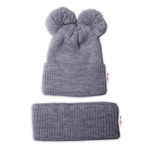 BABY NELLYS Zimná pletená čiapka + nákrčník - sivá s brmbolcami