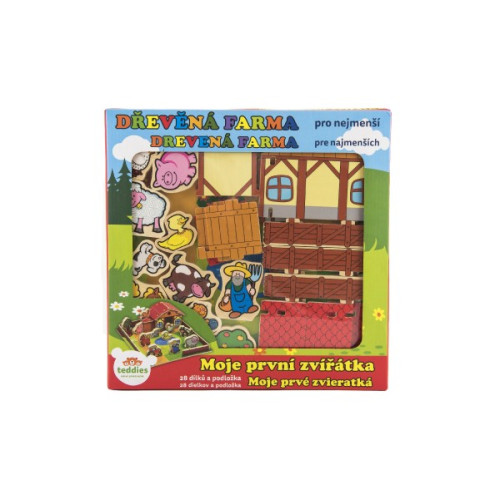 Teddies Domček drevená farma Moje prvé zvieratká 31x31cm 28ks + podložka v krabici