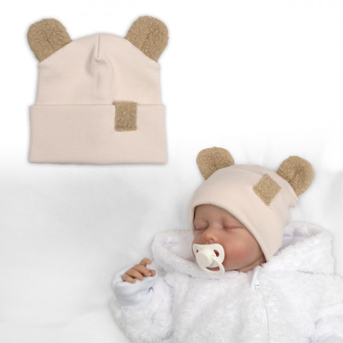 Dvojvrstvová rebrovaná čiapočka s uškami boucle medvedík - béžová, 80/86