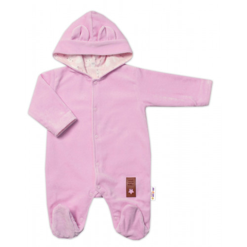 Baby Nellys Dvojvrstvový velúrový overal s kapucňou New Bunny, ružový, veľ. 86