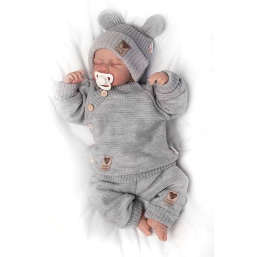 Pletená bavlněná čiapka s uškami, dvojvrstvová, Hand Made Baby Nellys, šedá,veľ. 68/74