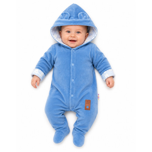 Baby Nellys Dvojvrstvový velúrový overal s kapucňou New Bunny, modrý, veľ. 80
