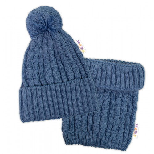 Pletená zimná čiapka s brmbolcom + komínček BABY NELLYS - modrá, jeans,veľ. 48-52cm