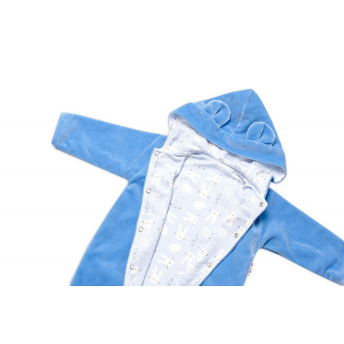 Baby Nellys Dvojvrstvový velúrový overal s kapucňou New Bunny, modrý, veľ. 74