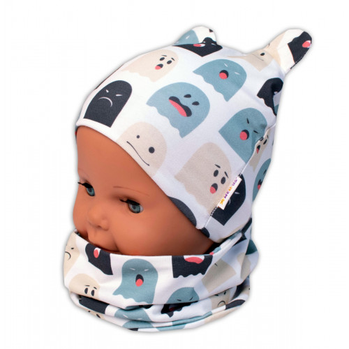 Baby Nellys Dvojvrstvová čiapka s uškami + komínček Príšerky, biela/mátová