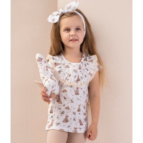 Tričko bavlna, krátky rukáv s volánikmi, Nicol, Bunny - krémové, veľ. 116