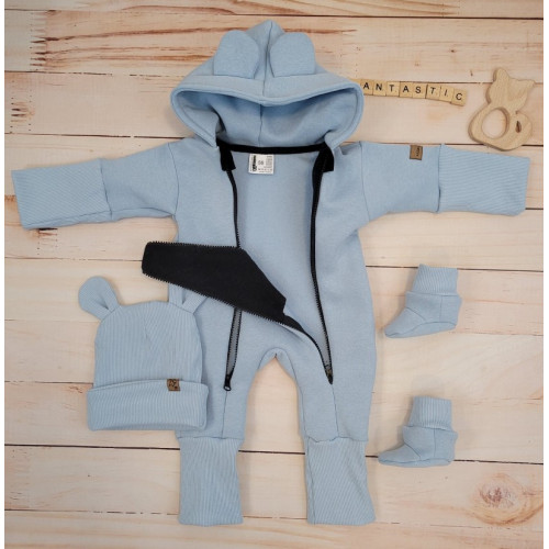 Oteplený detský overal bez šľapiek s kapucňou, čiapočka+topánočky, 3D,Kazum, modrý, veľ.80