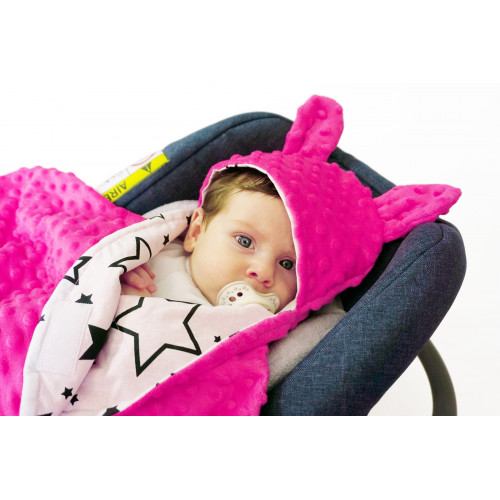 Baby Nellys Fusak, spacáček do autosedačky alebo kočíka s uškami, Minky - syto růžová