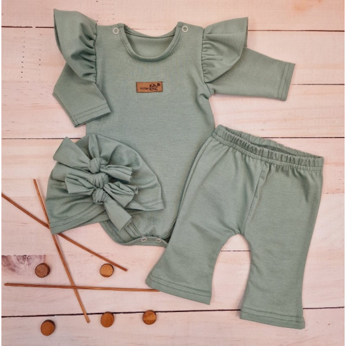 Body s volánikmi, legíny do zvonu a čiapočka, 3D, bavlna, olivová, veľ. 68