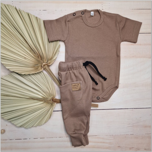 Rebrovaná súprava body kr. rukáv + tepláčky Magic, bavlna, čokoládová