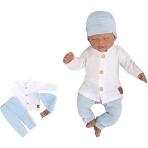 Mušelínová košeľa, nohavice + čiapky, 3D sada, Boy Z&Z, biela/modrá, veľ. 74