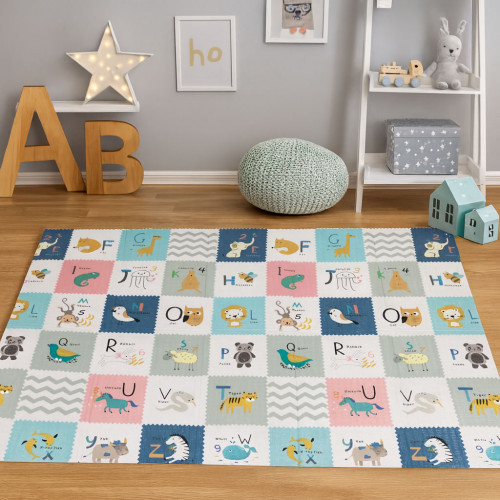 Detská penová podložka 200×150 cm, obojstranná edukačná s abecedou a metrom rastu