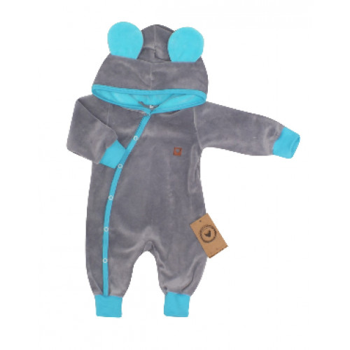 Z&Z Velúrový dojčenský overal s kapucňou a uškami - tyrkysovo, šedý, veľ. 68