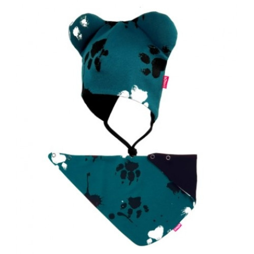 BEXA dvojvrstvová čiapka na zaväzovanie s uškami + šatka - Labky, petrolejová, veľ. 92/98