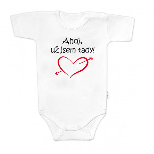 Body krátky rukáv s vtipným textom Baby Nellys, Ahoj už jsem tady! - biele, veľ. 68
