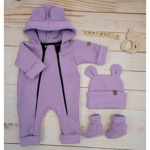 Oteplený detský overal bez šľapiek s kapucňou, čiapočka+topánočky, 3D, Kazum, lila, veľ.68