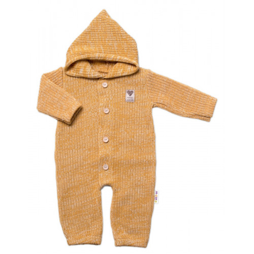 Baby Nellys Pletený overálok s kapucňou a gombíkmi Hand Made, medový žihaný, veľ. 68/74