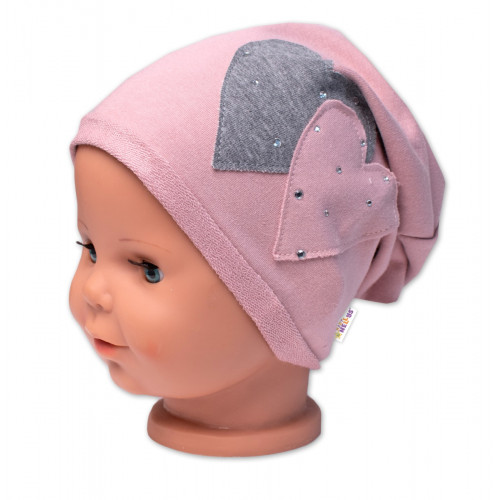 Detská čiapka bavlna, Srdiečka s kamienkami, Baby Nellys, púdrová, veľ. 104/134