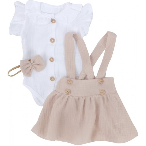 Mušelínová suknička s lacnom, bodýčko a čelenka, 3D sada, biela/béžová, veľ. 74