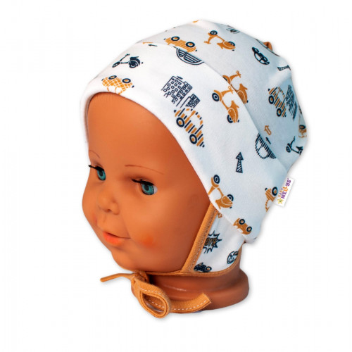 Baby Nellys Bavlnená čiapočka s uškami na zavazování- Car, smotanová / hnedá veľ. 62/68