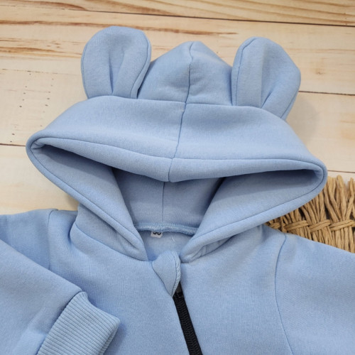 Oteplený detský overal bez šľapiek s kapucní + čiapočka, 2D, modrý, veľ. 68