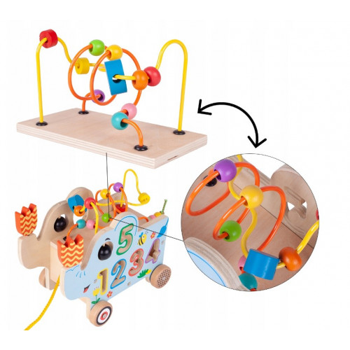 Tulimi Edukačný drevený slon s kolieskami, labyrintom a číslami