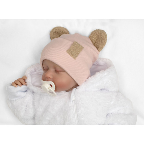 Dvojvrstvová rebrovaná čiapočka s uškami boucle medvedík - ružová, 68/74