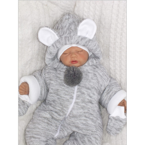 Oteplená pletená kombinéza s kapucňou a uškami + rukavičky - sivá, veľ. 68