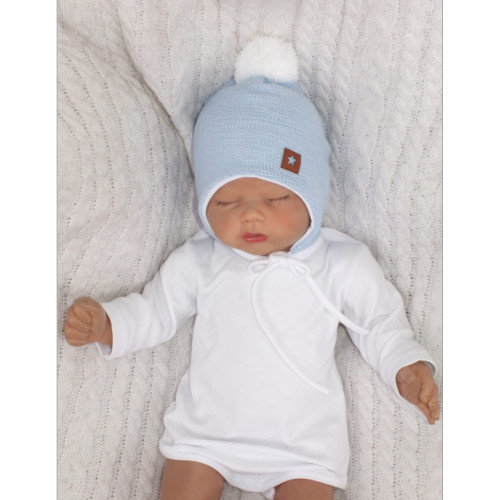 Z&Z Dvojvrstvová pletená čiapka na zaväzovanie s brmbolcom, modrá