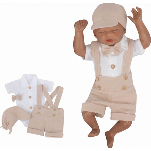 Mušelínové kraťasy s láclom, bodýčko, čiapočka, motýlik 4D sada, Z&Z,piesková/biela,veľ.62