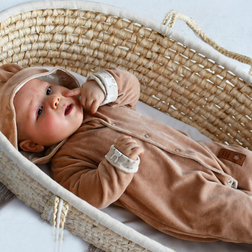 Baby Nellys Dvojvrstvový velúrový overal s kapucňou New Bunny, hnedý, veľ. 80